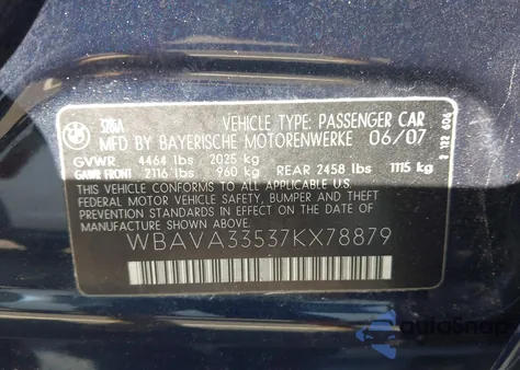 2007 BMW 328I из США, поврежденный, VIN WBAVA33537KX78879